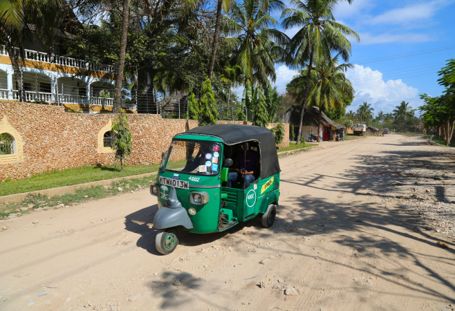 Tuk-tuks, boda-bodas (motorbike taxis), and matatus (minibuses) are common for short distances.